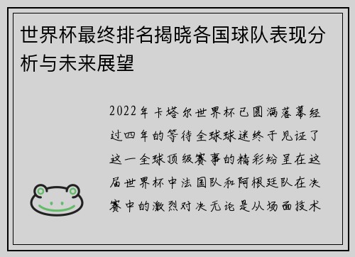 世界杯最终排名揭晓各国球队表现分析与未来展望